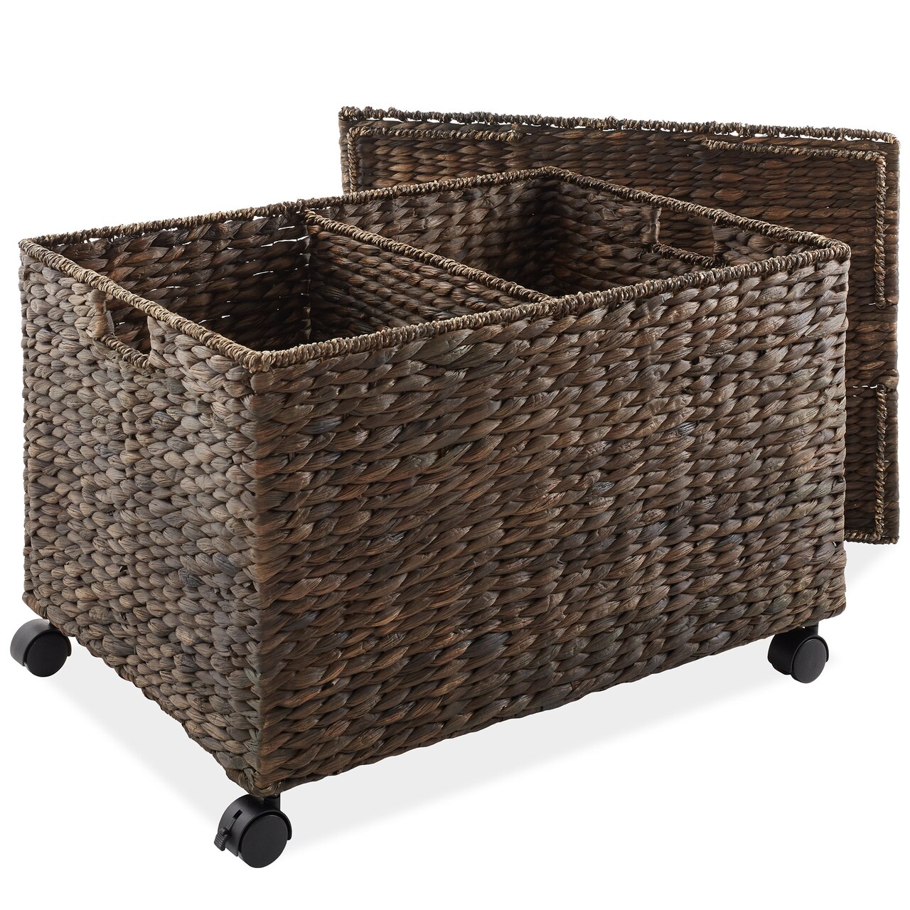 Casafield Rolling Storage Basket Cart with Lid and Locking Wheels - Handwoven Water Hyacinth Divided Recycling Sorting Bin for Kitchen, Laundry Room, Garage
